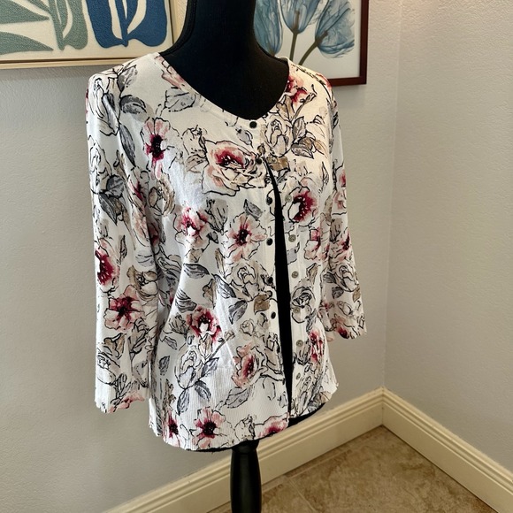 White House Black Market Floral Cardigan Sz L Black Snaps Ivory Pink Taupe - Picture 2 of 7